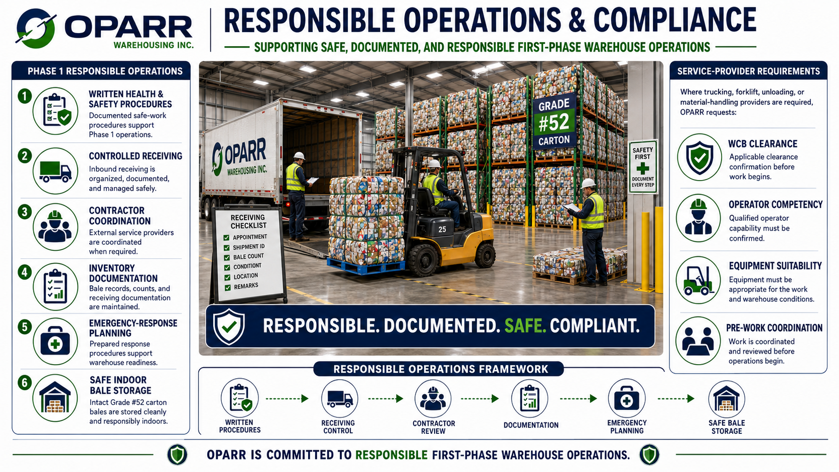 Responsible operations and compliance infographic showing safety procedures and service-provider requirements.